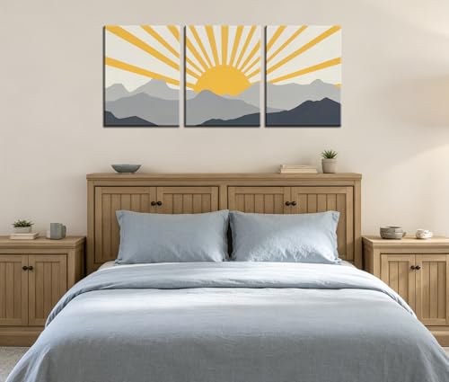 Image of Frimeeme Modern Boho Sun Canvas Wall Art, Set of 3, Framed | Yellow and Gray Mountain Sunrise, 12x16 Inch Each, Ready To Hang