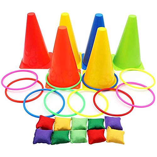 iFlymisi 3 In 1 Ring Toss Game Carnival Combo Set Soft Traffic Cone Bean Bags with Plastic Multicolor Throwing Circle Activity Rings for Kids Outdoor Indoor Speed and Agility Practice Games