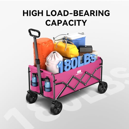 Collapsible Folding Wagon, Heavy Duty Pink Foldable Wagon Cart with Wheel, Lightweight Utility Grocery Cart with 200lbs Weight Capacity for Garden, Beach, Camping Sports, Fishing