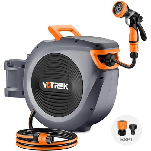 Retractable Garden Hose Reel Outside [1/2 inch ×100 FT], VOTREK Automatic Rewind Wall Mounted Hose Reel [Heavy Duty] with Any Length Lock, 180° Swivel Bracket, 9 Modes Nozzle for Watering Cl