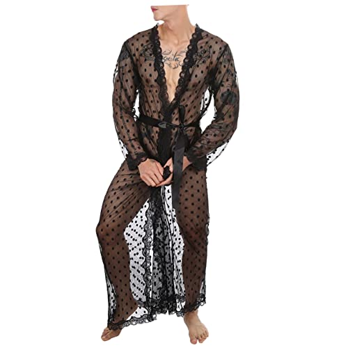 Wodceeke Mens Sexy Long Lace Bathrobe Kimono Robes See Through Sissy Lingerie Robe Slit Pajamas Belted Sleepwear With Thong #TOP29