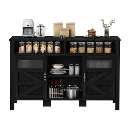 DWVO 55'' Farmhouse Buffet Cabinet with Storage, Large Sideboard Cabinet with 2 Doors & Open Storage, Versatile Coffee Bar Table for Kitchen & Living Room (Black)