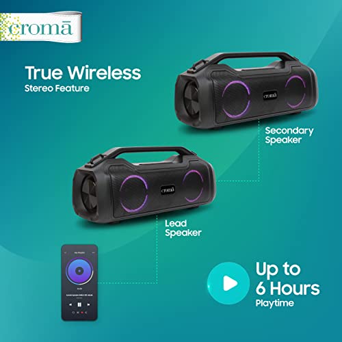 Image of Croma Portable Bluetooth Boombox Speaker with 40W Audio Output, Multiple connectivity: Built in mic and RGB Party Lights, Type-C Charging Port (12 Months Warranty) (CREMP1902sBTBB, Black)