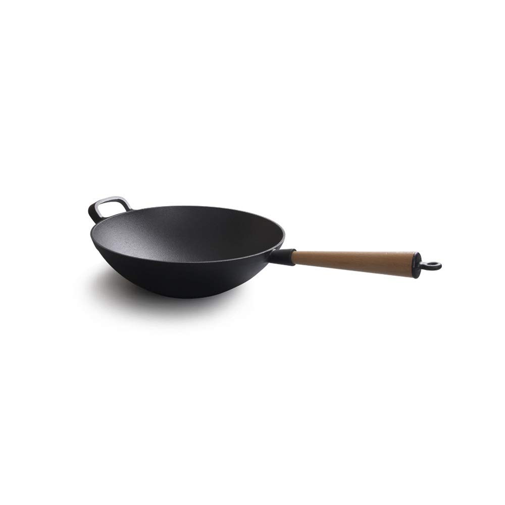 ASerZenith Cast Iron Pan 31Cm Cast Iron Wok With Wooden Handle Thickened Pan Uncoated Universal