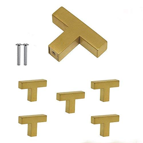 6Pack|Brushed Brass Cabinet Knobs Square Drawer Knob Stainless Steel,Modern T Style Cabinet Pull Kitchen Handle Drawer Pull Hardware,Total Length:2''