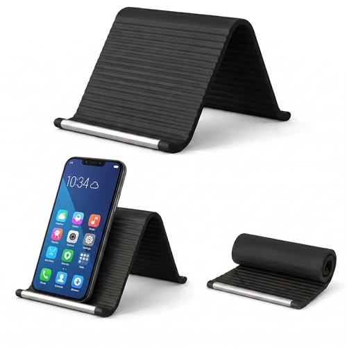 Image of Questsole Flexible Silicone Phone Stand, Foldable Rollable Mobile Holder with Aluminum Core, Multi-Angle Adjustable Desk Stand for Phone, Tablet, iPad, Laptop, Travel-Ready (Black)