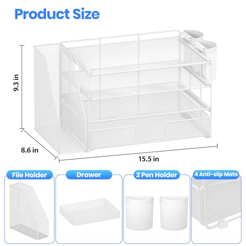 Image of OPNICE Desk Organizer, 4-Tier Desktop File Organizer with Drawer and Pen Holders, Office Desk Accessories, File Sorters, Workspace Organizers for Office Supplies(White)