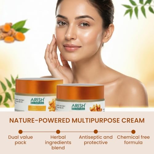 Image of ARISH BIO-NATURAL Haldi Neem Antiseptic Cream | Herbal Skin Protection & Soothing Care for Face, Hand & Body | 24 Hours Moisturisation Turmeric & Neem Formula | Value Pack of 2 x 50 ml