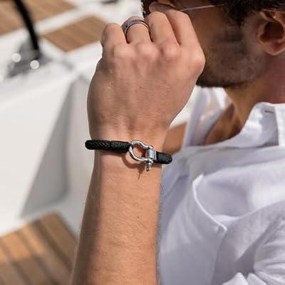 Elegatto Orion Premium Rope Bracelet for Men | Natural Cotton Finish and Sterling Silver Polished Stainless Steel Horseshoe Shackle Closure | Mens Designer Bracelets