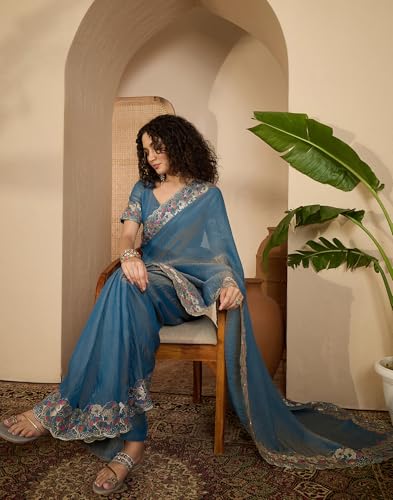 Image of SIRIL Women's Shimmer Georgette Scalloped Border Sequins Embroidery Saree with Unstitched Blouse Piece