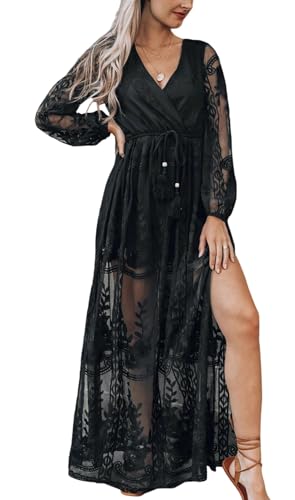 Image of LRISES Womens V Neck Floral Embroidered Lace Wedding Maxi Dress Boho Short Sleeve Slit Bridesmaid Evening Party Dresses