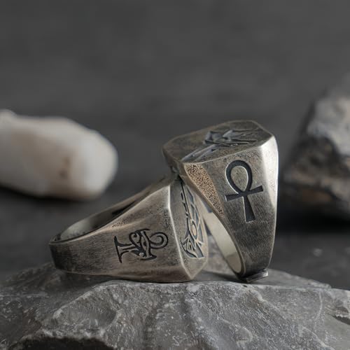 Vintage 925 Sterling Silver Egypt Gods Pharaoh's Guards Anubis Horus Ring Engraved The Eye of Horus and Ankh Cross for Men Women Open Adjustable3