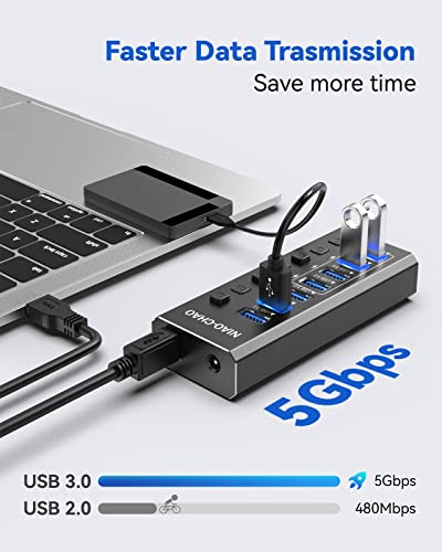 Powered Usb Hub [Durable Aluminum] 7-Port Usb Hub 3.0 Powered, Individual Switch Buttons Smart Charging Usb Port Expander Fit For External Hard Drive Gaming Laptop Desktop Pc #TOP2