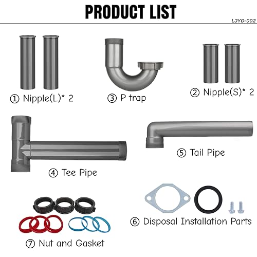 Garbage Disposal Installation Kit, Complete Kitchen Sink Drain Pipe Kit for Double Bowl Sink, 1-1/2\" Plumbing, Wall Mount Drain, Includes Elbow, P trap, Flange, and Gasket