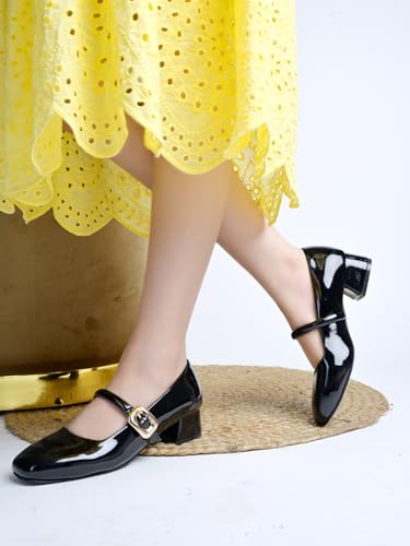 Image of Shoetopia Pumps for Women - Low Block Heel Dress Shoes with Gold Buckle Strap Classy Comfortable Low Heel