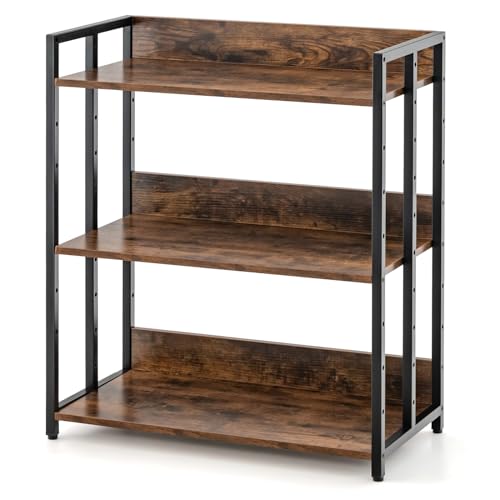 GIANTEX Bibliotheque à 3 Niveaux Réglables, Étagère de Rangement avec Bord Surélevé, Étagère Bureau Industrielle, Cadre en Métal, Coussinets de Pieds...