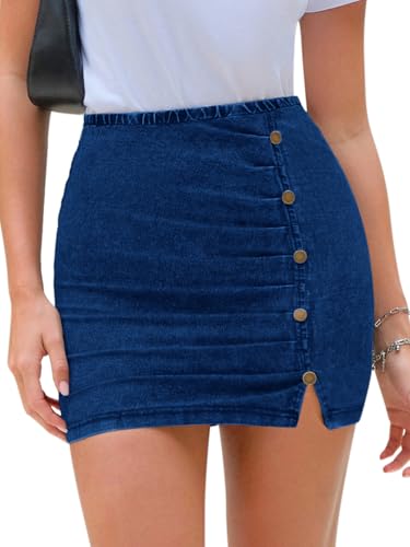 EXLURA Womens Mini Denim Skirt High Waisted Stretchy Jean Skirts with Slit Trendy Casual Slim Fit Short Skirts