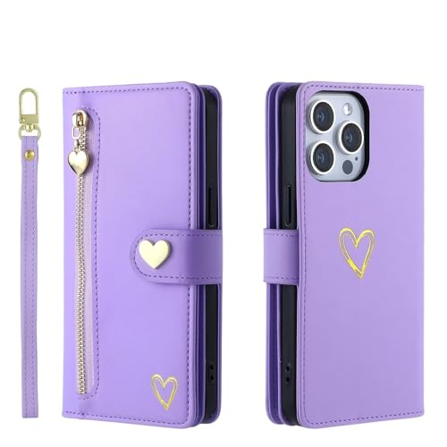 Beajew Hülle für alcatel 3L (2019), 9 Kartenfäche Leder Geldbörse Stoßfest Flip Hülle mit Handschlaufe Standfunktion Reißverschluss Handyhülle Magnetverschluss Wallet,Lila