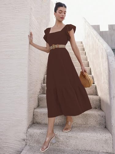 Image of Sugathari Girl's & Women's Solid Color Square Neck, Ruffle-Trimmed Hem Sleeveless, Ruffle Armhole and Casual Dress with Cinched Waist Vacation Outfits Woman (Dress 176)