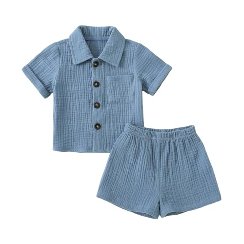Image of Baby Boys Clothes Set Toddler Infant Boys Button-down Shirt Tops + Cotton Gauze Shorts Summer Outfit 2PCS with Pockets