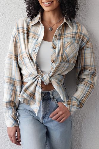 Image of CHYRII Womens Button Down Flannel Shirts Long Sleeve Plaid Shackets Business Casual Blouse Top