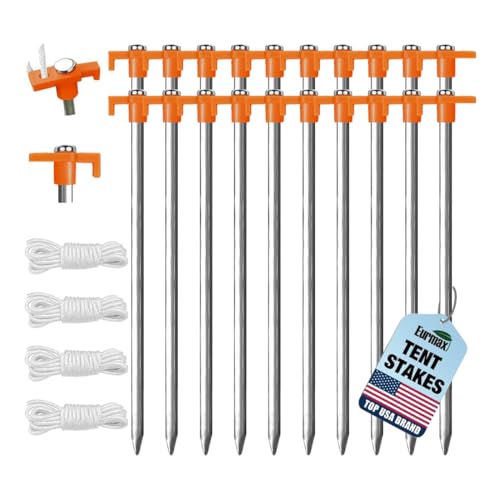 Eurmax USA 20-Pack Secure Protection Galvanized Tent Stakes,Rust-Proof Steel Canopy Anchors for High Winds,Heavy Duty Commercial Ground Pegs for Camping,Pop Up Tents&Gazebos - Includes 4x10ft Ropes