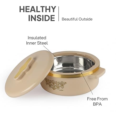Image of CELLO Exotic 1500 Casserole Hot Pot Case for Daily Use 1500 ml, Cream | Double Wall PU Insulated Serving Hot & Warm Food Hot Pot Box | Stylish Airtight Kitchen Casserole Set for Roti Rice Biryani