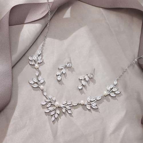Image of EVER FAITH Wedding Cubic Zirconia Jewelry Set for Women, Marquise White Simulated Pearl Floral Vine Bridal Prom Necklace Earrings for Bride