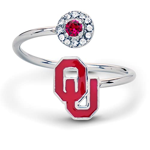 University of Oklahoma Sooner Gifts for Women - Oklahoma Sooners Ring with Crystals - Hypoallergenic and Adjustable Sizes 5-12 - University of Oklahoma Jewelry and OU Gifts