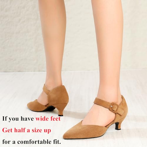 Image of RIBONGZ Comfortable Kitten Heels for Women Pointed Closed Toe Ankle Strap Buckle Heels Slip on Low Heel Church Pumps Wedding Bridal Party Dressy Shoes