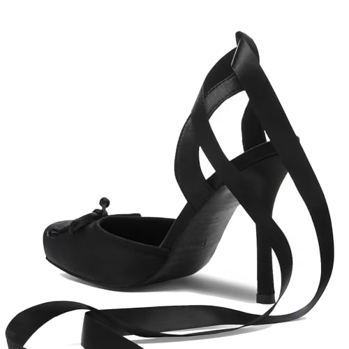 Image of Riekhany Satin Ballet Heels for Women Closed Square Toe Bow Ballerina Heels Lace Up High Heel Slingback Pumps Strappy Stiletto Mary Janes Elegant Party Shoes