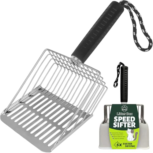 [2026 Version]Efficient Metal Cat Litter Scoop- Stainless Steel Cat Litter Scooper with Holder Heavy Duty Litter Sifter Pooper Scooper Kitty Litter Box Scooper-Cat Scooper for Litter Box Cleaning