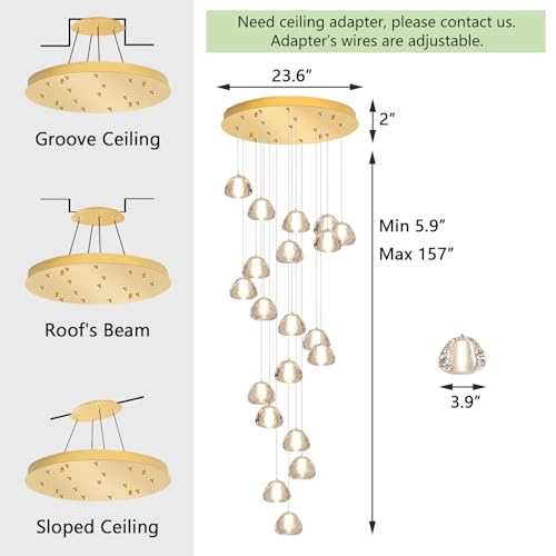 Image of Gold Modern Crystal Chandelier for Staircases 157 inch Long Adjustable Ceiling Light for Entrance 3000K LED Hanging Lighting Living Room Hallway Entryway