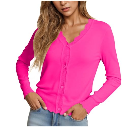 Women's Cardigan Sweater V Neck Lightweight Button Front Knit Tops Hot Pink - image 2