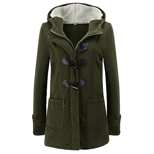Womens Winter Coats Fleece Sherpa Lined Duffle Coat Horn Button Jackets Thicken Warm Outerwear Vintage Solid Outwear