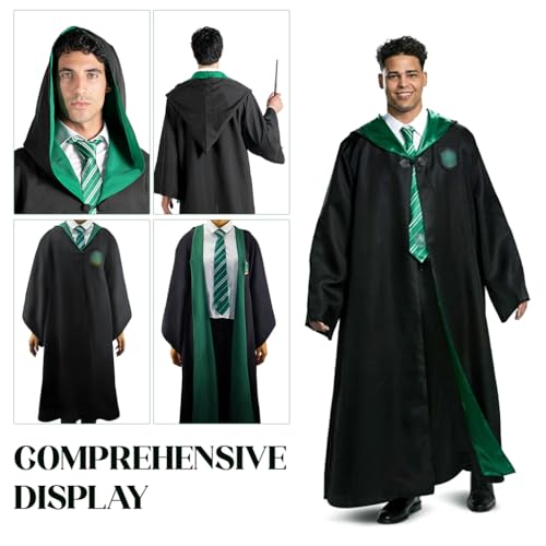 Image of PATPAT Harry Costume Cloak Cosplay Robe for Women Men, House of Slytherrin Outfit Set with Tie, Wand & Round Glasses, Magic Wizards Halloween Costume for Teens Adults, Compatible with Size M