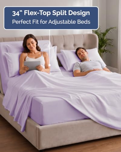 Image of Extra Deep Flex Top Split Head King Sheet Set - 6 Piece Breathable and Cooling Sheets - Hotel Luxury Bedding for Women, Men, Kids & Teens - Easy Secure Fit - Extra Deep Pockets - Light Lavender