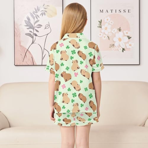 Capybara with Lucky Clover Green Summer Satin Pajama Set, Cute Button-Down Sleepwear Pj Set for Sleep Wears4