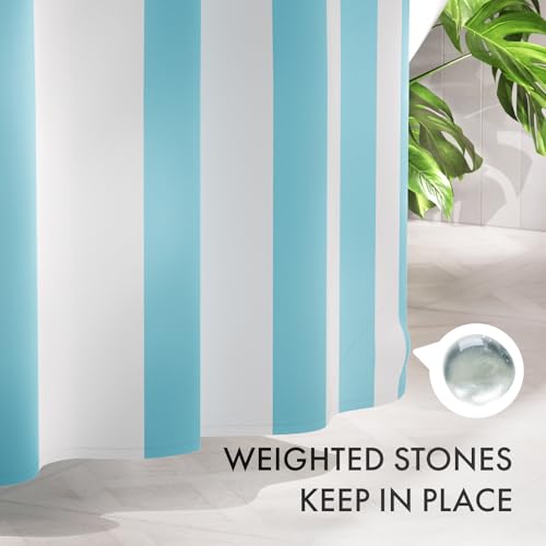 Image of AmazerBath Blue Vertical Stripes Shower Curtain, Cute Blue Stripe Bathroom Shower Curtain with 12 Shower Curtain Hooks, Rustic Fabric Blue and White, 72x72 Inches