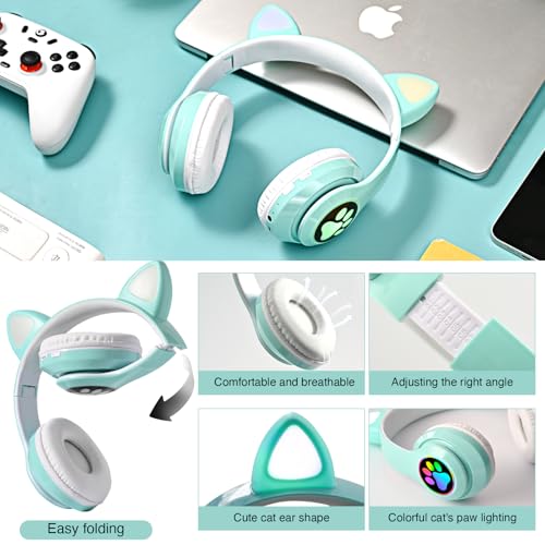 Image of Bluetooth Headphones for Kids, Cute Ear Cat Ear LED Light Up Foldable Headphones Stereo Over Ear with Microphone /TF Card Wireless Headphone for iPhone /iPad /Smartphone /Laptop /PC /TV (Green) | Wireless Bluetooth 5.0, foldable design, built-in mic & TF card slot, adjustable comfort, ideal for kids' learning & play.