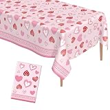 Valentines Tablecloth, 1 Pcs Pink Heart Valentines Tablecloth Plastic Rectangle Valentine Tablecloth Disposable Valentines Table Cover for Wedding Anniversary Valentines Decorations 54' X 108'