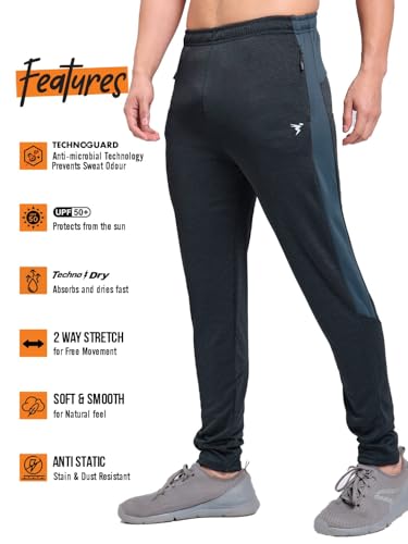 Image of TECHNOSPORT Men's Melange Slim Fit Techno Dry Trackpants Drawstring 2-Pocket Polyester Joggers for Gym Running Workout UPF50+ Anti Odour