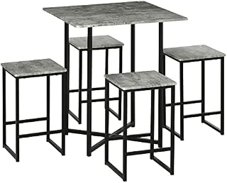 HOMCOM 5pc Bar Table Set, Square Dining Table Set for 4 People, Home Kitchen Breakfast Bar Set with Steel Frame and Footrest, Concrete Grey