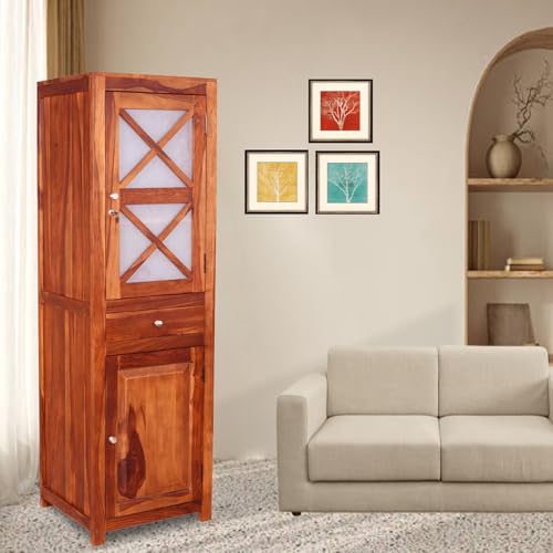 Image of EXCEL Home Cross Pattern Solid Wood 1-Door Wardrobe in Honey Oak Finish