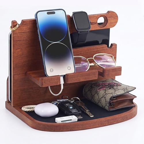 Krismax Wood Phone Docking Station for Men Husband Dad-Nightstand&Desk Organizer-Anniversary from Wife-Key Watch&Essentials