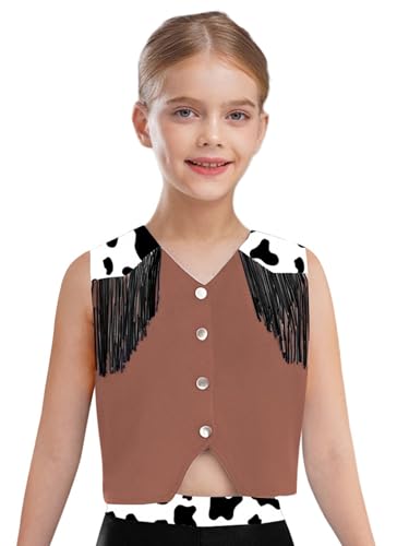 Yartina Girls V-neck Outfits Chest Fringes with Press Button Tops Kids Cowgirl Western Dress Up Vest