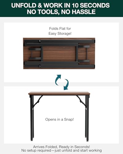 Image of Frylr Small Folding Computer Desk - 35.8 Inch Portable Table for Craft and Study, Lightweight Desk for Small Spaces, Foldable Laptop Table Built-in AC /USB Outlets for Convenience, Dark Walnut