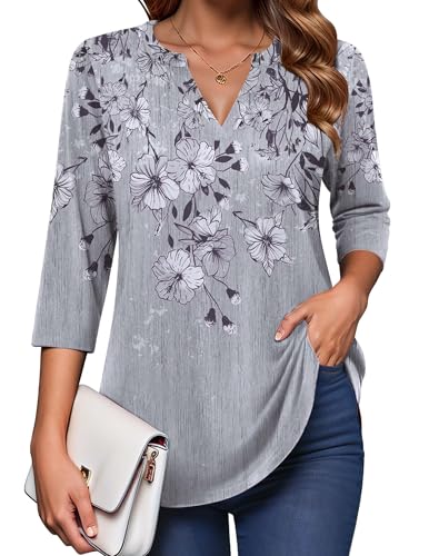 Zeagoo Womens Tunic Tops to Wear with Leggings Floral Blouse Business Work 3/4 Length Sleeve Shirts Gray L