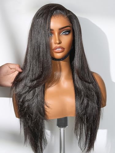 Image of LUVME HAIR 7x6 All-Day Comfor Wig PartingMax Lace Wigs 200% Density Yaki Straight Lace Front Wigs Human Hair Pre Cut Plucked Lace Frontal Glueless Natural Black Color