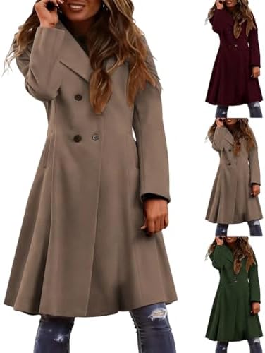 Womens Pea Coat Classic Lapel Collar Open Front Wool Jacket Fall Winter Elegant Double Breasted Trench Coats Peacoat